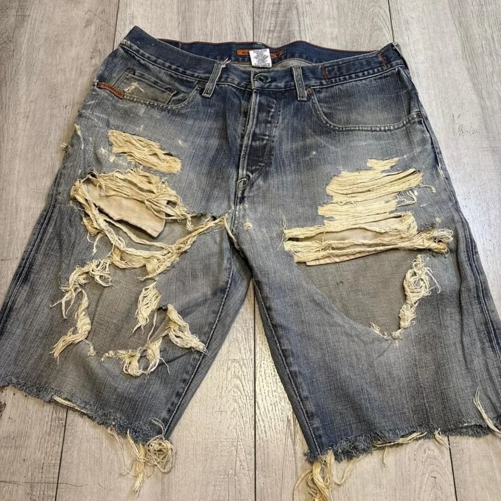 Guess blue‎ distress  denim shorts with orange stitching, Size: W 36 L 32